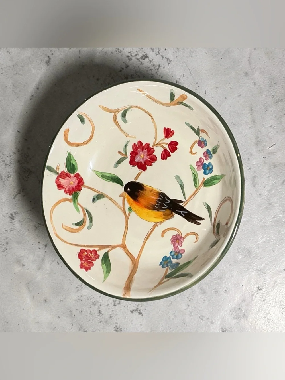Bird Beige 8-Inch Round Hand Painted Floral Decorative Bowl Green Rim
